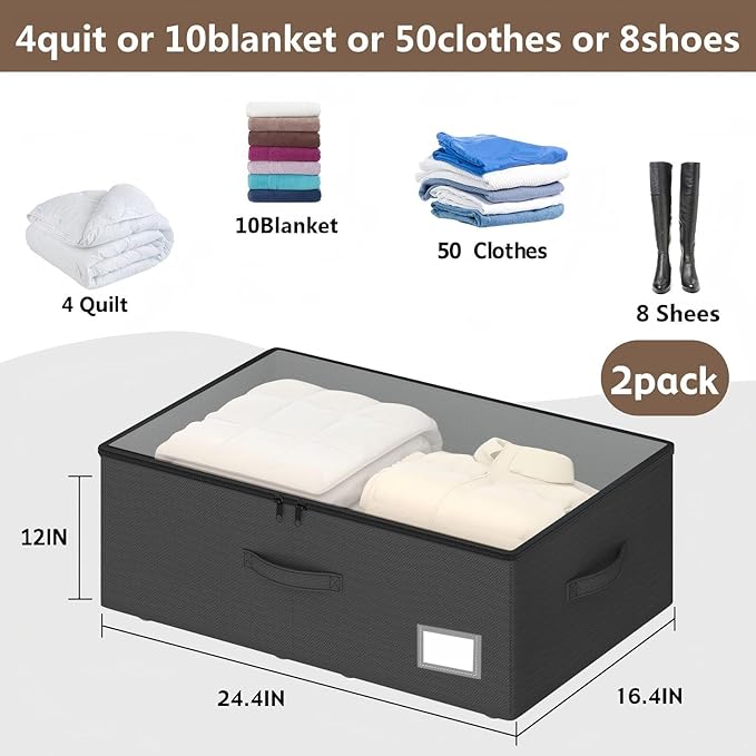EE-RoomWorld Underbed Storage With Wheels, No Assemble Required 12 inches Height Under bed Storage Bins,Large Capacity Rolling Shoe Storage Containers，Dorm clothes Storage