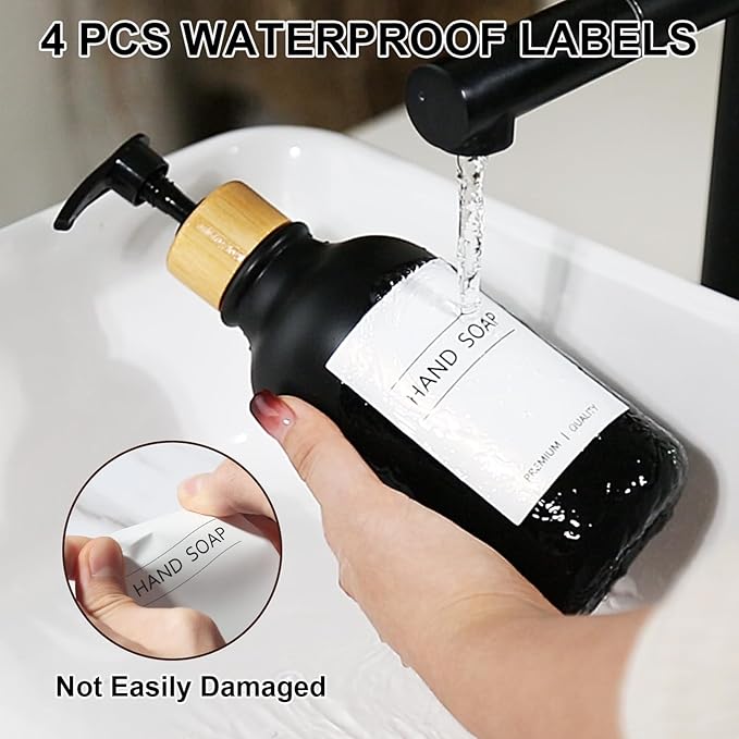 Black Soap Dispenser, 4 Pack Hand Soap Dispenser Bathroom with Bamboo Pump,17 Fl Oz Plastic Hand and Dish Dispenser Set for Kitchen, Refillable Liquid Soap and Lotion Dispensers Bottle