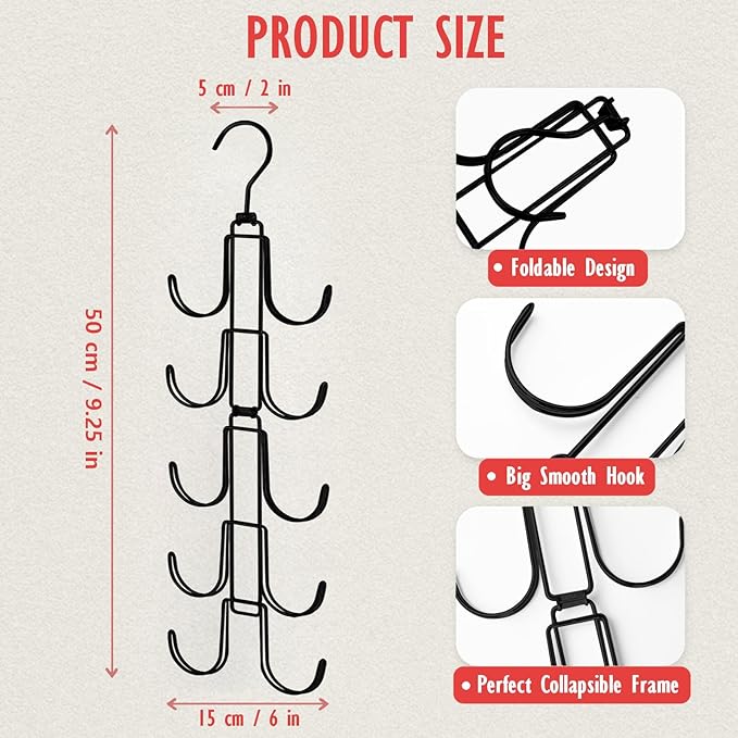 Purse Organizer for Closet, Upgraded Purse Hanger with 10 Big Hooks, 360 Degree Rotation for Better Organizer and Display, Collapsible Space Saving Hangers Rack for Handbag, Scarve, Tie, Black