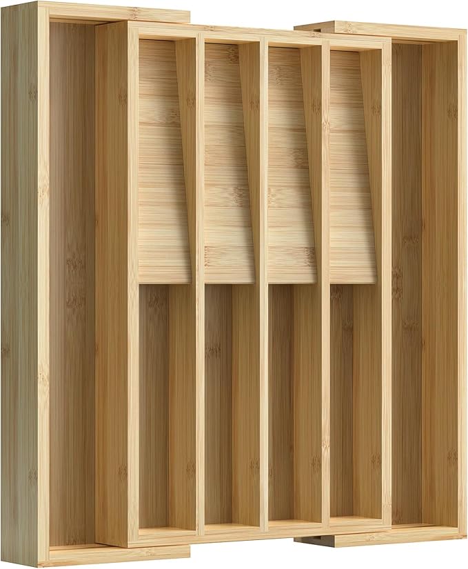 Expandable Silverware Organizer, Utensil Drawer Organizer & Cutlery Tray Dividers for Spoons Forks Knives (10 Slot,Natural Bamboo), 10.6”-16:Wx16.7”Dx1.97”H