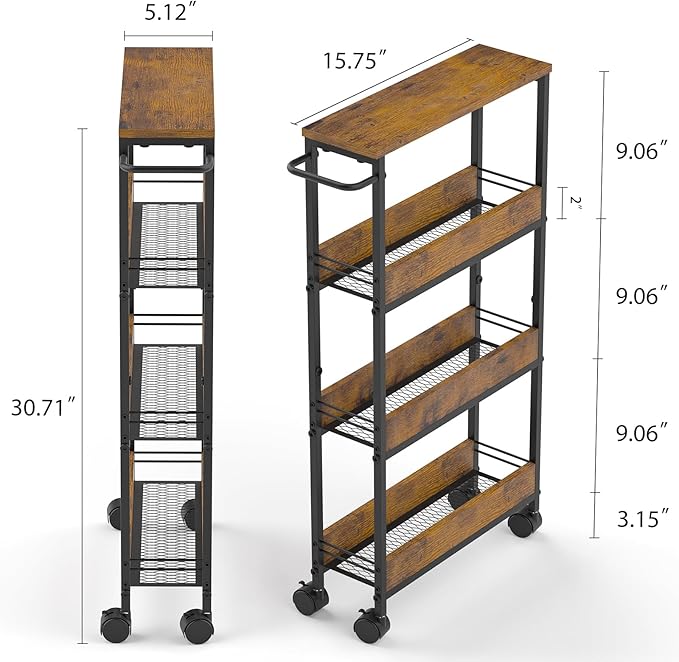 4 Tier Slim Rolling Storage Cart Narrow Space Utility Cart with Handle Metal Frame with Wood Top Table Sturdy Cart Organizers and Storage for Kitchen Bathroom Laundry Office, 5.1 Inches Deep Black