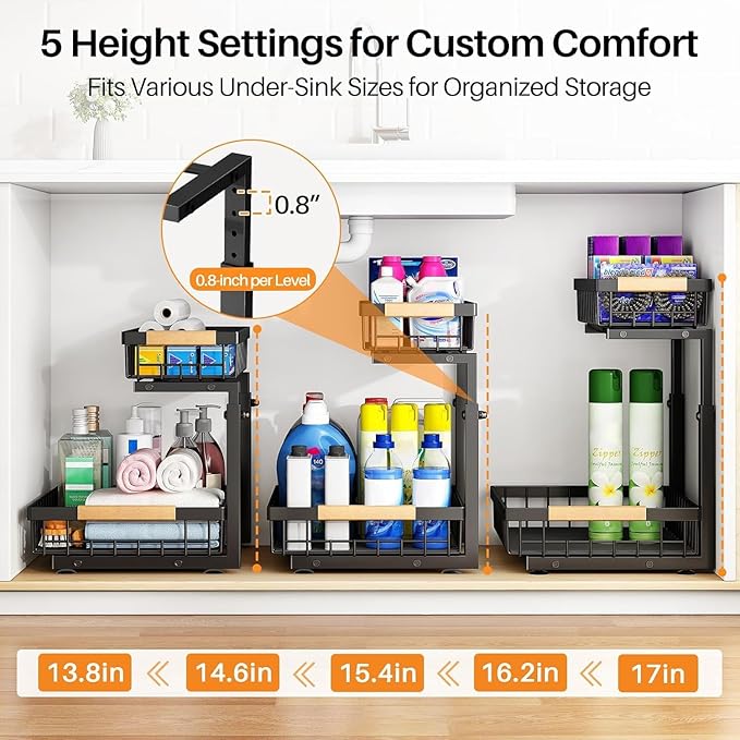 PXRACK Under Sink Organizer, Adjustable Height, 2-Pack 2 Tier Pull Out Under Cabinet Organizer, Slide Out Thickened Metal Under Sink Storage for Kitchen Bathroom Laundry Pantry Cabinet, S, Black