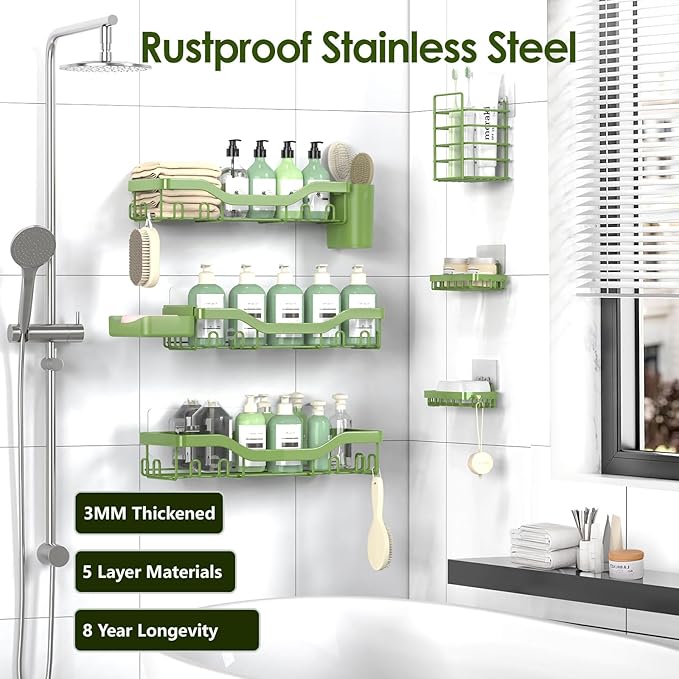 Shower Caddy Adhesive Shower Organizer 8-Pack, Rustproof Stainless Steel Bathroom Shelves, Large Capacity No-Drill Rack Storage Accessories with Soap Dish Toothbrush Holder Hooks