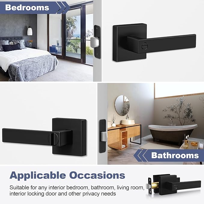 Estmoon 2 Pack Privacy Door Levers Door Handle Matte Black Interior Door Knobs Keyless Door Locks for Bedroom or Bathroom, Left or Right Handing Levers
