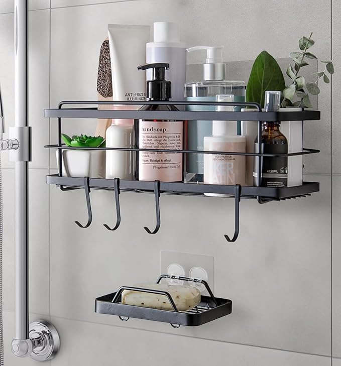 KINCMAX Premium Shower Caddy - Self Adhesive Shower Shelf with 4 Hooks - No Drill Large Capacity Stainless Steel Rack - Aesthetic Organizer for Bathroom Wall Decor - Black