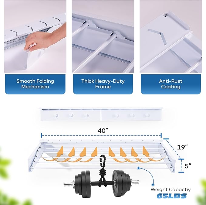 40" Premium Aluminium Foldable Clothes Drying Rack Included Shelf with 6 Rods & 6 Extra Clips - Large Laundry Rack | 65 LBs Capacity Space-Saving Collapsible Design for Indoor Outdoor Use