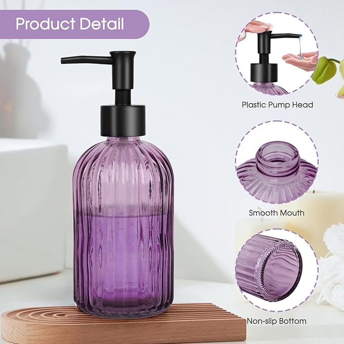 2 Pack Stripe Glass Soap Dispenser with Black Plastic Pump, 400ml Liquid Hand Soap Dispenser, Rustproof Pump for Kitchen & Bathroom, Great for Lotions, Essential Oil, Liquid Soaps- (Purple)