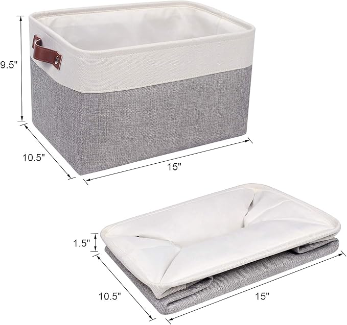 Univivi 15 inch Large Storage Baskets 4PC Gray Hard Bottom Foldable Storage Bins with PU Handles for Shelf Rectangle Fabric Baskets for Organizing (15”X10.5”X9.5”)