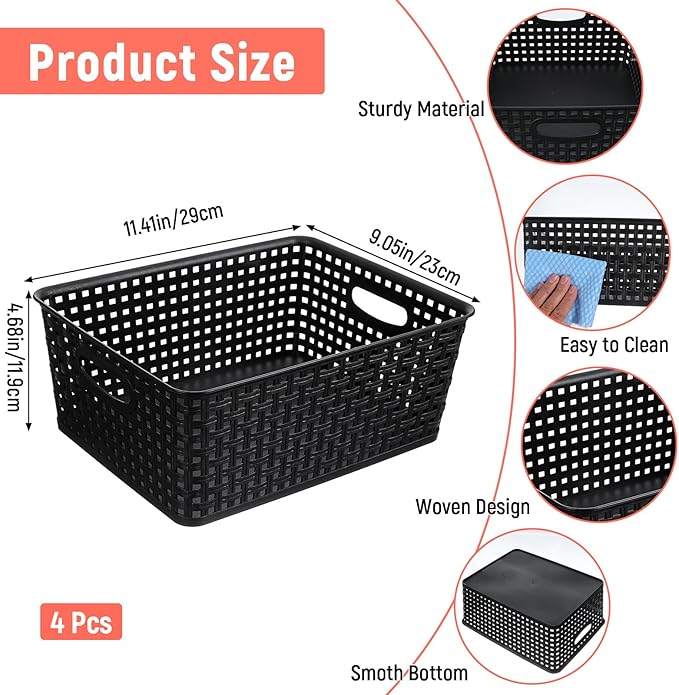Pack of 4 Plastic Storage Basket,11.4"X9"X4.7" Black Desktop File Paper Letter Organizer Tray,Plastic Baskets for Organizing