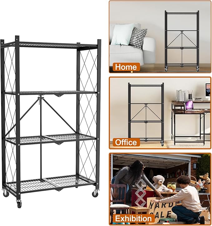 4 Tier Foldable Metal Storage Shelf with Wheels, 400 LBS Heavy Duty Collapsible Wire Shelving Unit, Rolling Utility Rack Cube Bookshelf for Kitchen Pantry Office Garage,50" x 13" x 27" Black