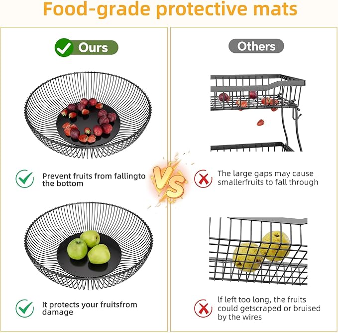 Simple Trending Round Metal Fruit Basket Bowl for Kitchen Counter - Rust-Proof, Non-Slip & Breathable Wire Organizer for Fruits, Veggies, Snacks, Black (11“ Diameter x 3.2” H)