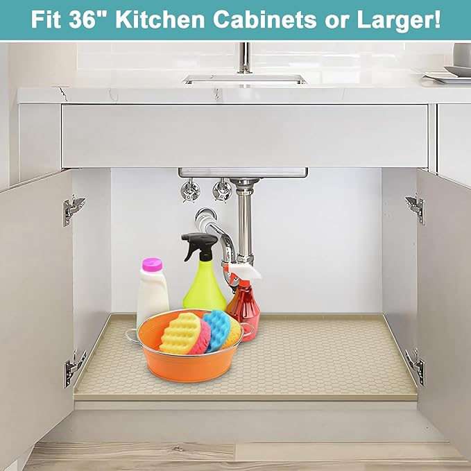 Under Kitchen Sink Mats and Protectors Waterproof, Silicone Under Sink Mat for 34" x 22" Cabinets, Under Sink Tray Organizer, Shelf Liner Cabinet Liner for Kitchen and Bathroom, Beige