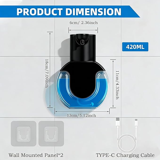 Automatic Soap Dispenser Touchless,Rechargeable Foaming Soap Dispenser,15oz/420ml Smart Hand Soap Dispensers,4-Level Adjustable,Wall Mount for Bathroom Kitchen Dish Soap,Hands-Free (Black)