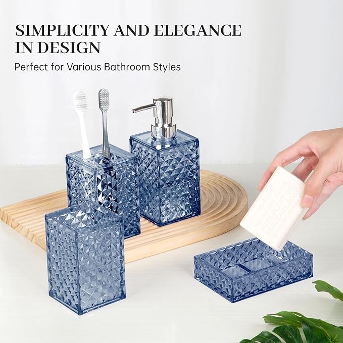 Bathroom Accessory Set, Grid Pattern 4 Pcs Plastic Bathroom Set Include Soap Dispenser, Soap Dish, Toothbrush Holder, Mousewash Cup, Modern Bahtroom Décor Set, Space Save for Bathroom(Dark Blue)
