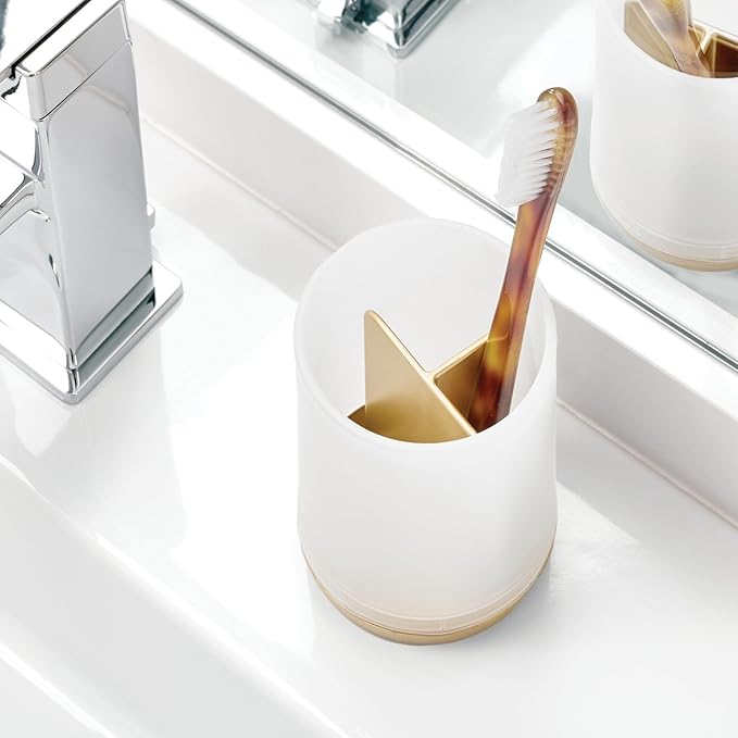 iDesign Toothbrush Holder with 3 Divided Sections for Bathroom or Vanity - Frost/Gold