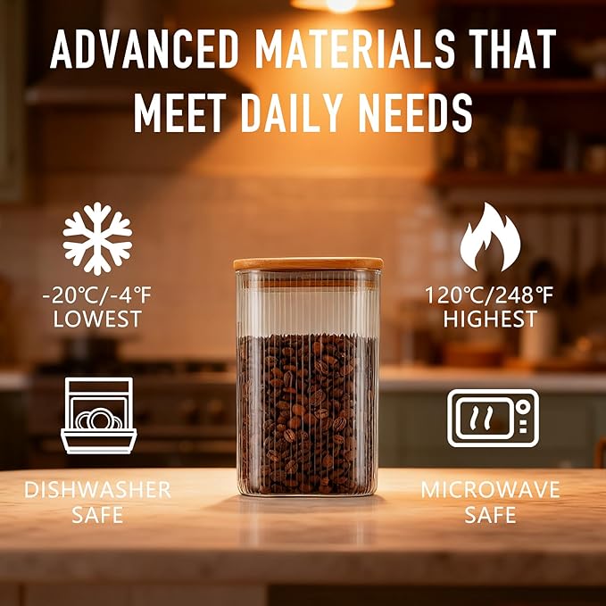 D2scrma 37oz Airtight Glass Square Storage Canisters with Bamboo Lids Set of 6 (1100ml) Striped Stackable Containers, Decorative Kitchen Jars for Tea, Nuts and Coffee (‎with Black Lable)
