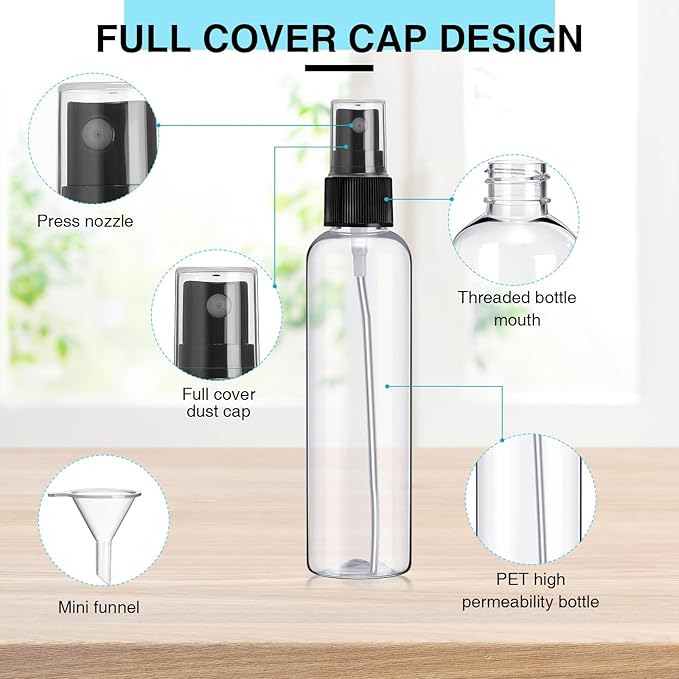 Layhit 100 Pcs Small Spray Bottles 4 Oz/120ml Clear Plastic Spray with 5 Pcs Small Funnels Mini Empty Fine Mist Bottles for Essential Oils Travel Perfumes