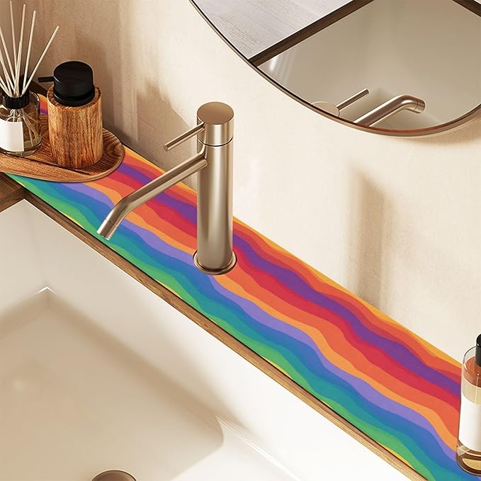 Wavy Rainbow Color Stripes Kitchen Sink Splash Guard Sink Faucet Mat Faucet Handle Drip Catcher Drain Mats for Kitchen Bathroom Countertop Absorbent Dish Drying Pad 2Pack 30x5.4IN