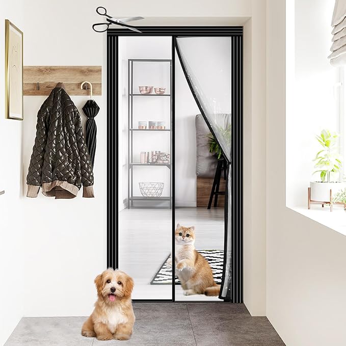 Transparent DIY Adjustable Insulated Door Curtain Fit Doors Size Width 34" - 39" Height 81" - 84"- Reinforced Self Sealing Magnetic Screen Door, Hands Free Door Screen with Closure Weighted Bottom