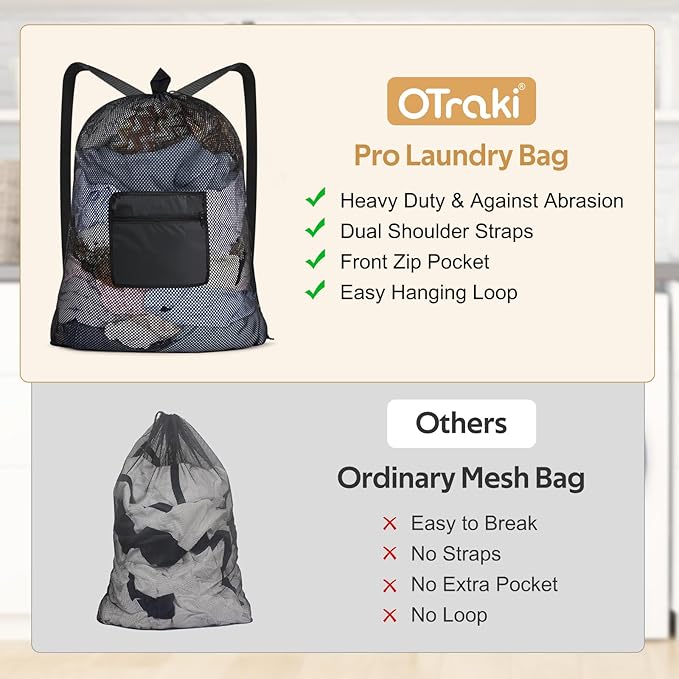 OTraki Mesh Laundry Bags 36 x 28 Inch Extra Large Travel Laundry Bag Backpack Heavy Duty Drawstring Dirty Clothes Laundry Mesh Wash Bag with Shoulder Straps Don't Drying, Melting 140-176℉ Black