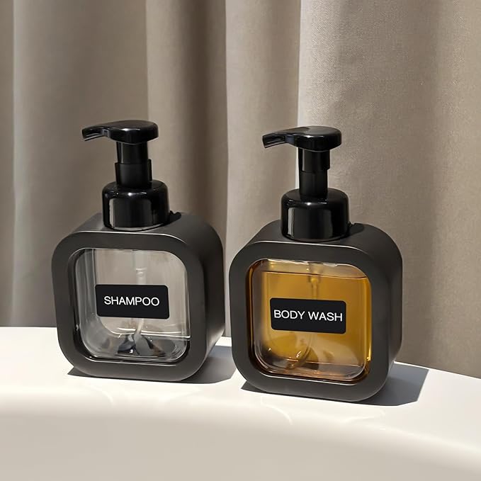 Foaming Soap Dispenser, 2 Pack 300ml (10oz) Plastic Refillable Foaming Hand Soap Dispenser with 16 Pcs Waterproof Labels, Foam Pump Bottle for Bathroom and Kitchen (Black)
