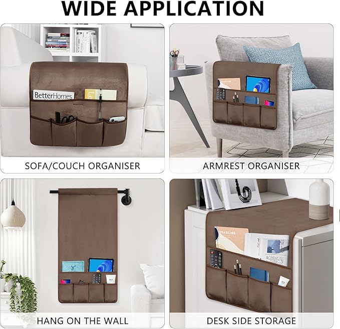 WETRBWEH TV Remote Control Holder Couch Caddy, Non-slip Bedside Caddy Organizer with 5 Pockets for Key Glasses Phone Magazine Holders (Brown, 35''x18'')