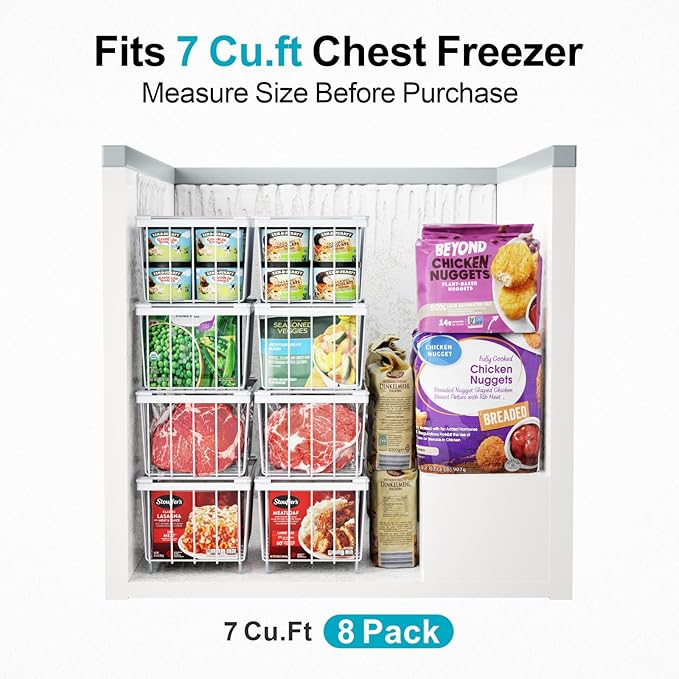 iSPECLE Chest Freezer Organizer Bins - Fits 7 Cu.Ft Deep Freezer, 6 Pack Stackable Wire Baskets(14.7" Length), Heavy Duty Coated Freezer Organizer, Rust Resistant for Frozen Food Sorting, White