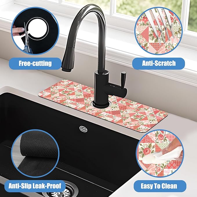 Sink Splash Guard Faucet Mat Roses and Butterflies Absorbent Fast Drying Mat Sink Gadgets Splash Guard Behind Faucet Drip Catcher for Kitchen Bathroom 15.5"X5.5"