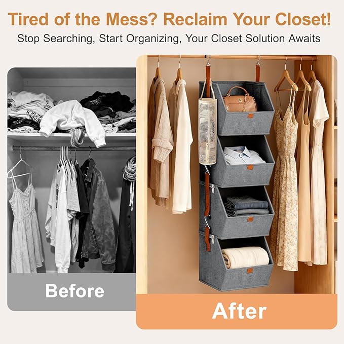 4 Tier Hanging Closet Organizer with Socks Storage Mesh Bag - Space Saving Storage Shelves for Closet, Wardrobe, Fabric Storage Bins for Dorm Rooms, Bedroom (Grey)