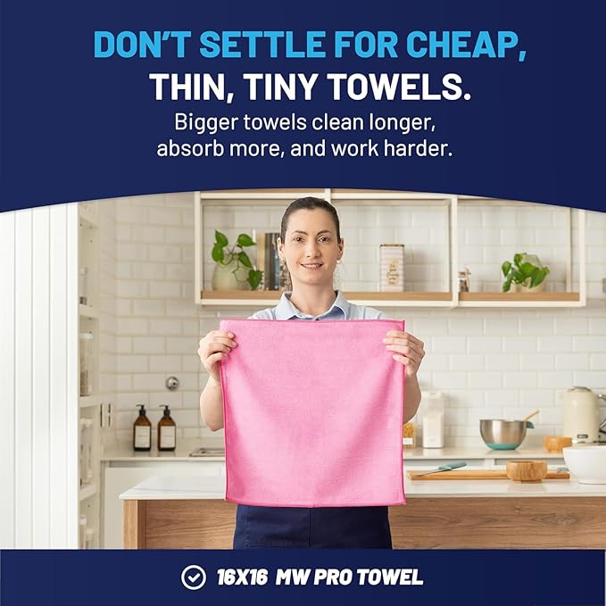 MW PRO Microfiber Cleaning Cloths Pink (12 Pack, 12x12) - Commercial Janitorial Towels & Lint Free Rags - Heavy Duty for Auto Detailing, Glass Windows, Housekeeping & Screens - Washable 300+ Times