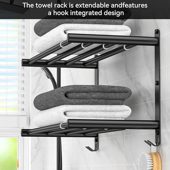 CAXIMSY Black Adjustable Towel Bar for Bathroom Wall Mount17-30.7inch Adhesive Shower Towel Rack Stainless Steel Bath Towel Holders for Toilet Kitchen Double Towel Hanger (Black Double Towel Rack)