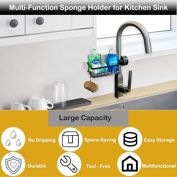 Sponge Holder for Kitchen Sink Sponge Holder Over Faucet - Stainless Steel Sink Caddy Organizer with Quick Stone Drying Mat (Black)