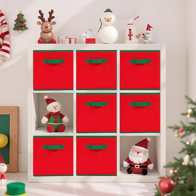 STORAGE MANIAC Storage Cubes, 11 Inch Durable 4 Pack Storage Shelf Basket for Christmas, Fabric Foldable Collapsible Bins with Handles for Organization, Closet, Shelves, Offices, Toys, Red