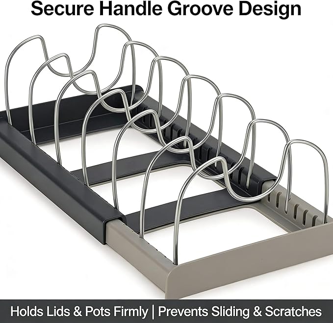 Pots and Pans Organizer for Cabinet Expandable12~22" Pot Lids Organizer Holder with 7 Adjustable Dividers Space-Saving Kitchen Organization Rack for Baking Pans, Cookware & Cutting Boards