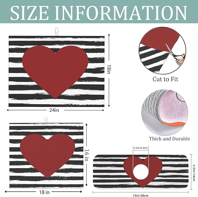 Set of 3 Red Heart Dish Drying Mat & Kitchen Sink Splash Guard Faucet Mat For Kitchen Counter Valentine's Day Absorbent Microfiber Dishes Pad Dish Drainer Rack Mats Fast Dry Kitchen Accessories