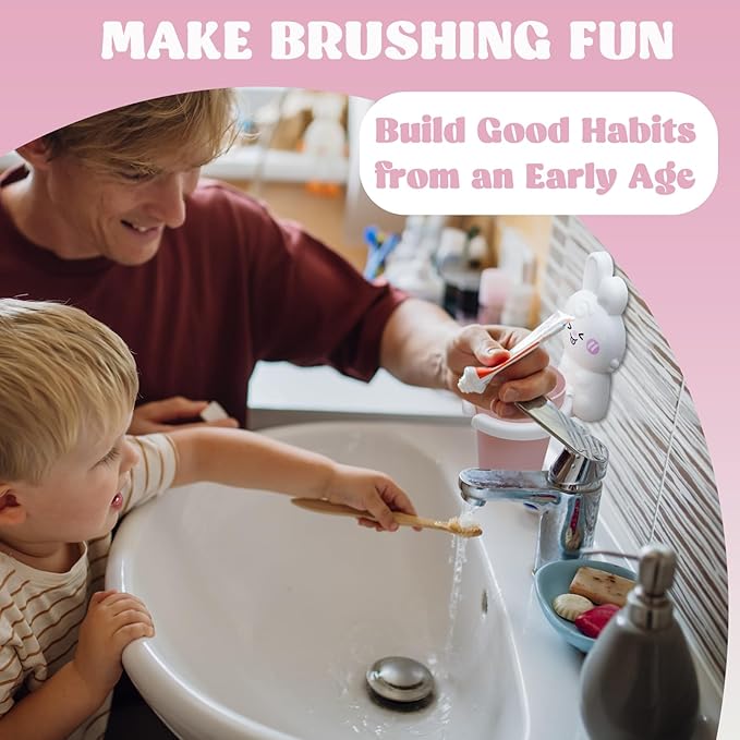 Cute Kids Toothbrush Holder with Cup & Toothpaste Wall Mounted, Adhesive Bathroom Organizer - Kids Bathroom Decor Accessories, Animal Toothbrush Holders for Kids - White Rabbit