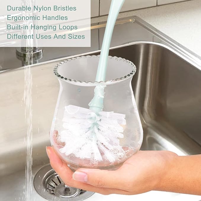 Dish Brush with Handle, Kitchen Dish Scrub Brush Set, 4-Piece Kitchen Cleaning Brush Set for Pots and Bottles, Nordic Green