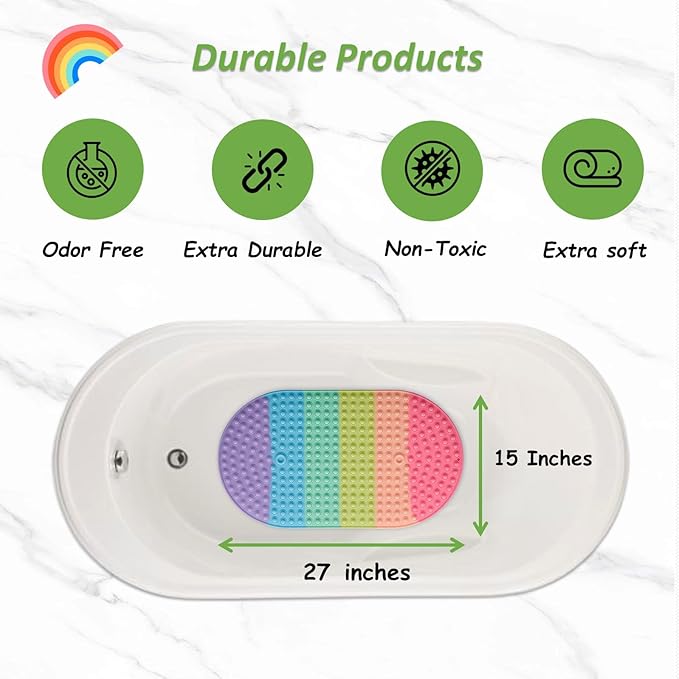 Joiyota Baby & Toddler Bath Mat for Tub，Silicone Non Slip Bathtub Mat for Kids with 27 x 15 Inches for Storage, Rainbow Bathbub Mat with Push Pop Bubbles, Machine Washable Shower Mat, Colorful, Oval