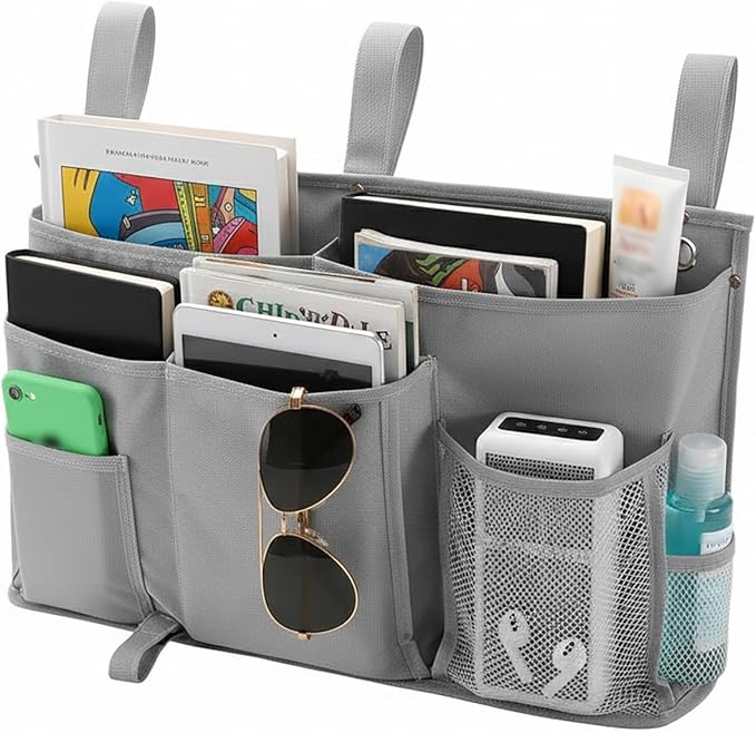 gedamari Bedside Organizer, Durable Bunk Bed Caddy, Multi-Pocket Hanging Storage Bag for College Dorm, Home, Hospital and Baby Stroller, Easy Installation, Metal Rivets Added, Oxford Fabric(Gray)
