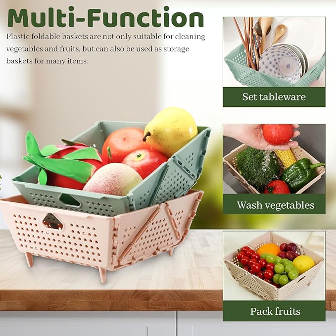 Plastic Collapsible Strainers and Colanders, Foldable Food Strainer for Kitchen, Space-Saving Folding Drain Basket Bowl for Pasta Fruit Vegetables Drainage Storage Dishwasher (Green)