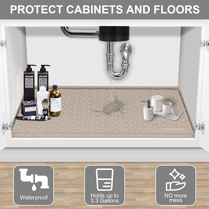 Under Sink Mat, 34" x 22" Waterproof Silicone Under Sink Tray for Kitchen & Laundry Cabinets, Kitchen Cabinet Shelf Protector, Up to 3.3 Gallons Liquid, Fits 36 inch Standard Cabinet(Grey)