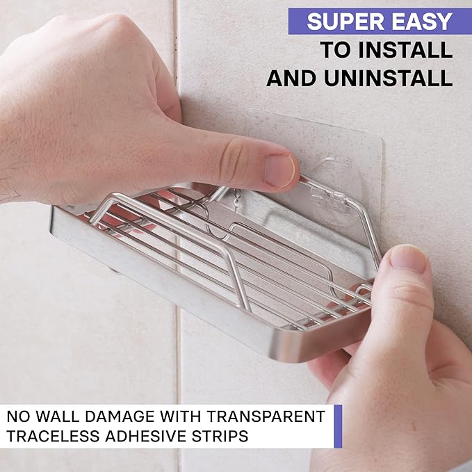 KINCMAX Premium Adhesive Soap Holder for Shower Wall - Drill Free Bar Soap Dish for Bathroom Storage - Stainless Steel Shower Soap Caddy w/Adhesive Sticker (Silver)