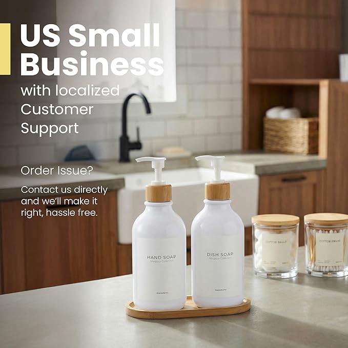 MaisoNovo Soap Dispenser Bathroom Set of 2-16.9 oz Bathroom Soap Dispenser Set - White Plastic Bottles x 2 with White Bamboo Pumps & Tray
