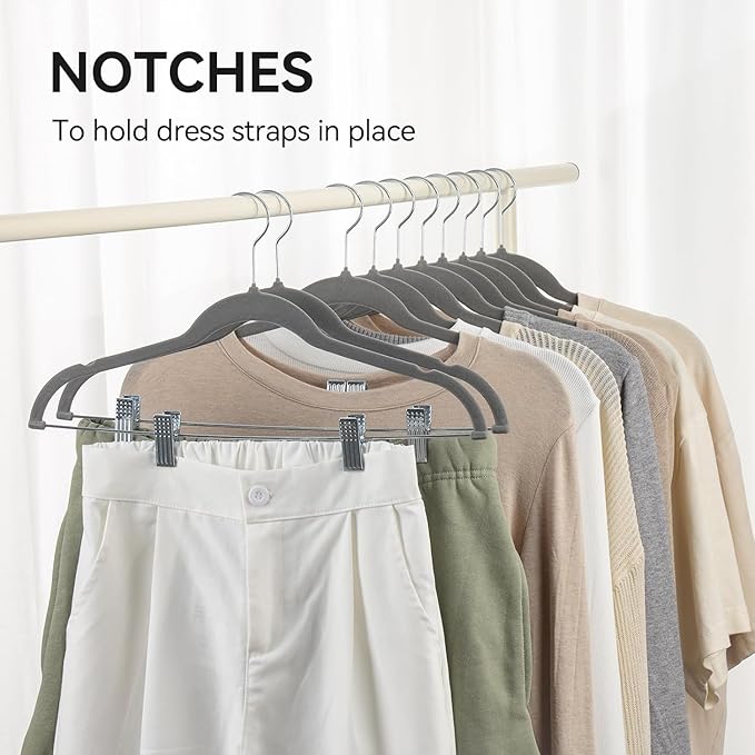 Velvet Pants Hangers Pack of 24, Non-Slip Skirt Clothes Trousers Hangers with Adjustable Clips, 360 ° Swivel Hooks Grey/Silver