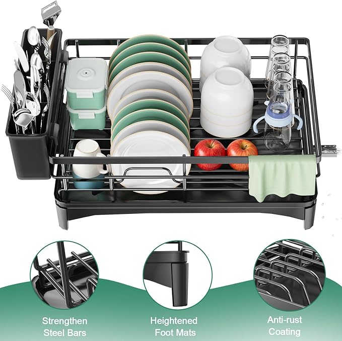 Dish Drying Rack for Kitchen Counter - Large Dish Rack with Removable Drainboard & Utensil Holder, Rustproof Metal Dish Drainer for Kitchen Sink