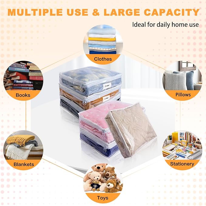 Clear Zippered Storage Bags Plastic Sweater Storage Bags with Zipper 6 Packs Clothing Organizer for Blankets Linen Sweater Bed Sheet Quilt Clothes Pillow (15.7 x 13.8 x 3.9 Inch)