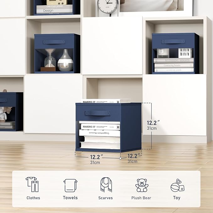 DIMJ Cube Bins, 12.2-Inch Storage Bins Cubes with Window, 6 Packs Collapsible Storage Bins with Handles, Closet Storage Baskets for Organizing Living Room, Office, 6 Pack,Navy Blue