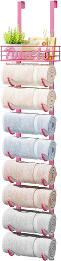 HapiRm Towel Racks for Bathroom Storage - 9 Tier Over The Door & Wall Mount Rolled Towel Storage Organizer Holder with Metal Shelf Basket for Small Bathroom, Camper, Rv - Pink, Patented