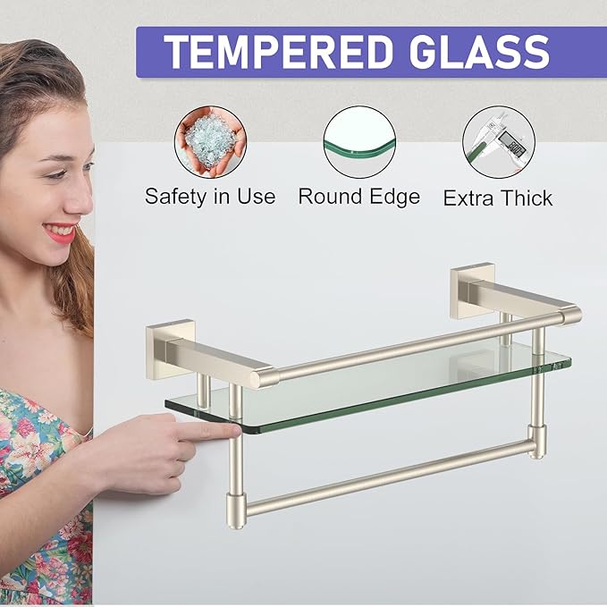 SFGSOWOR 16-Inch Modern Glass Shelf with Towel Bar, 1-Shelf, Brushed Nickel Finish, Wall Mount, Bathroom Organizer