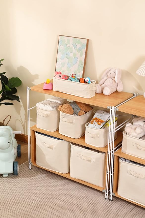 Decorative Basket Rectangular Fabric Storage Bin Organizer Basket with Handles for Clothes Storage (14.5 x 5.1 x 4.7, Beige)